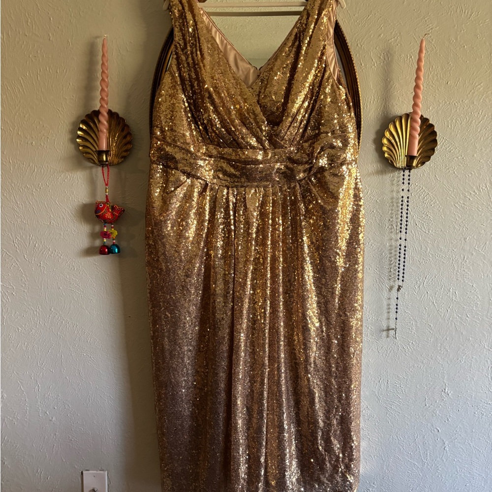 Gold Sequin V-Neck Maxi Dress with Ruched Waist